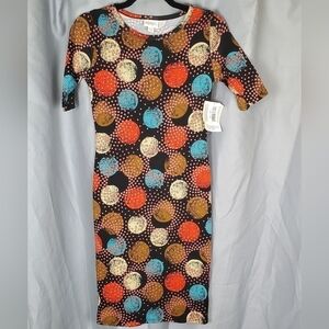 NWT Lularoe Julia, multicolored circle pattern, earth tones, size XXS